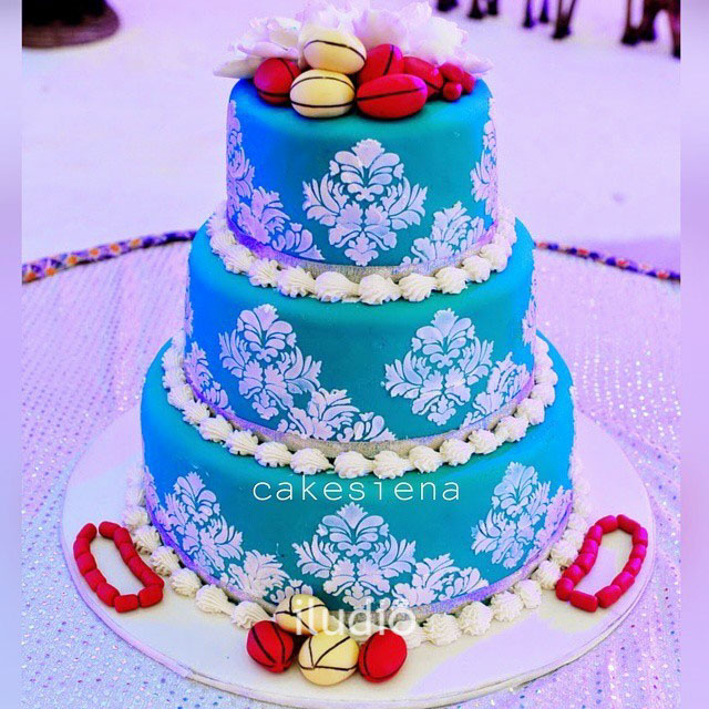 Blue Wedding Cake Three-Tiered with Gold Flower